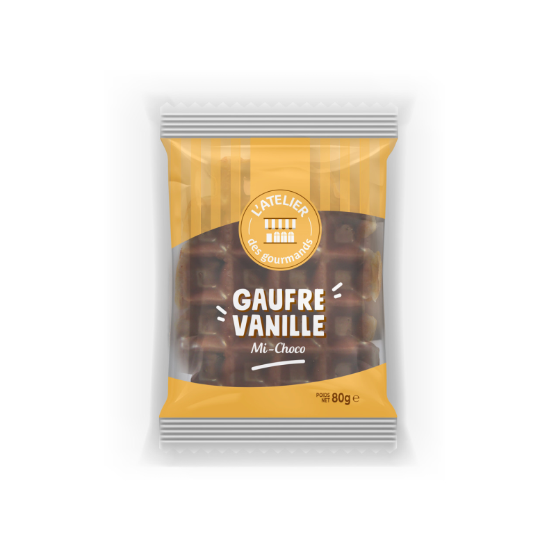 Grande gaufre au lait vanille nappée chocolat x1 80g (Bte : 32pcs)