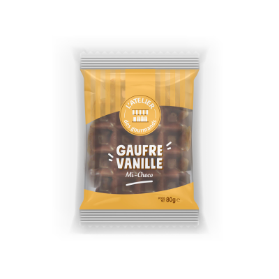 Grande gaufre au lait vanille nappée chocolat x1 80g (Bte : 32pcs)